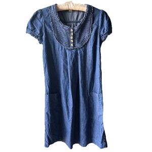 Monsoon Denim Smocked Dress Women's 8 Button Puff Sleeves Milkmaid Prairie